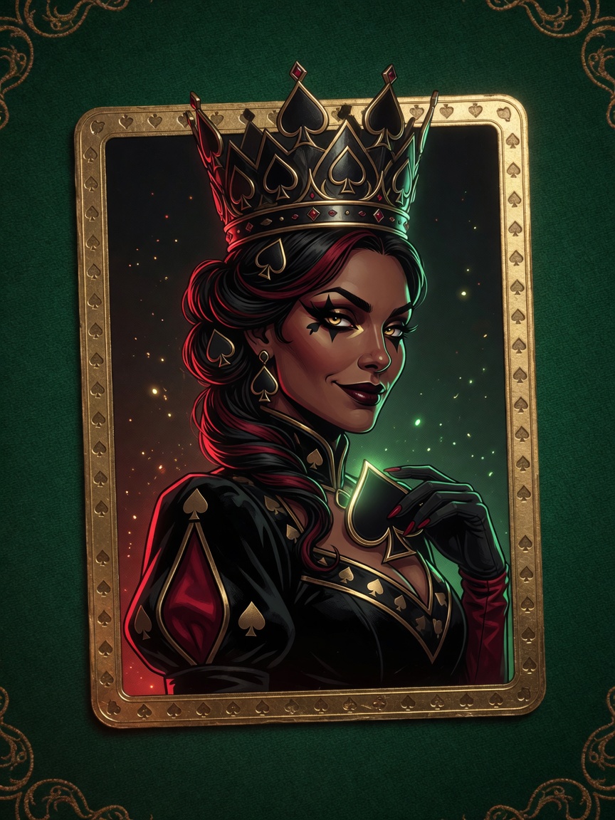 Stylized Queen of Spades key art for Hearts